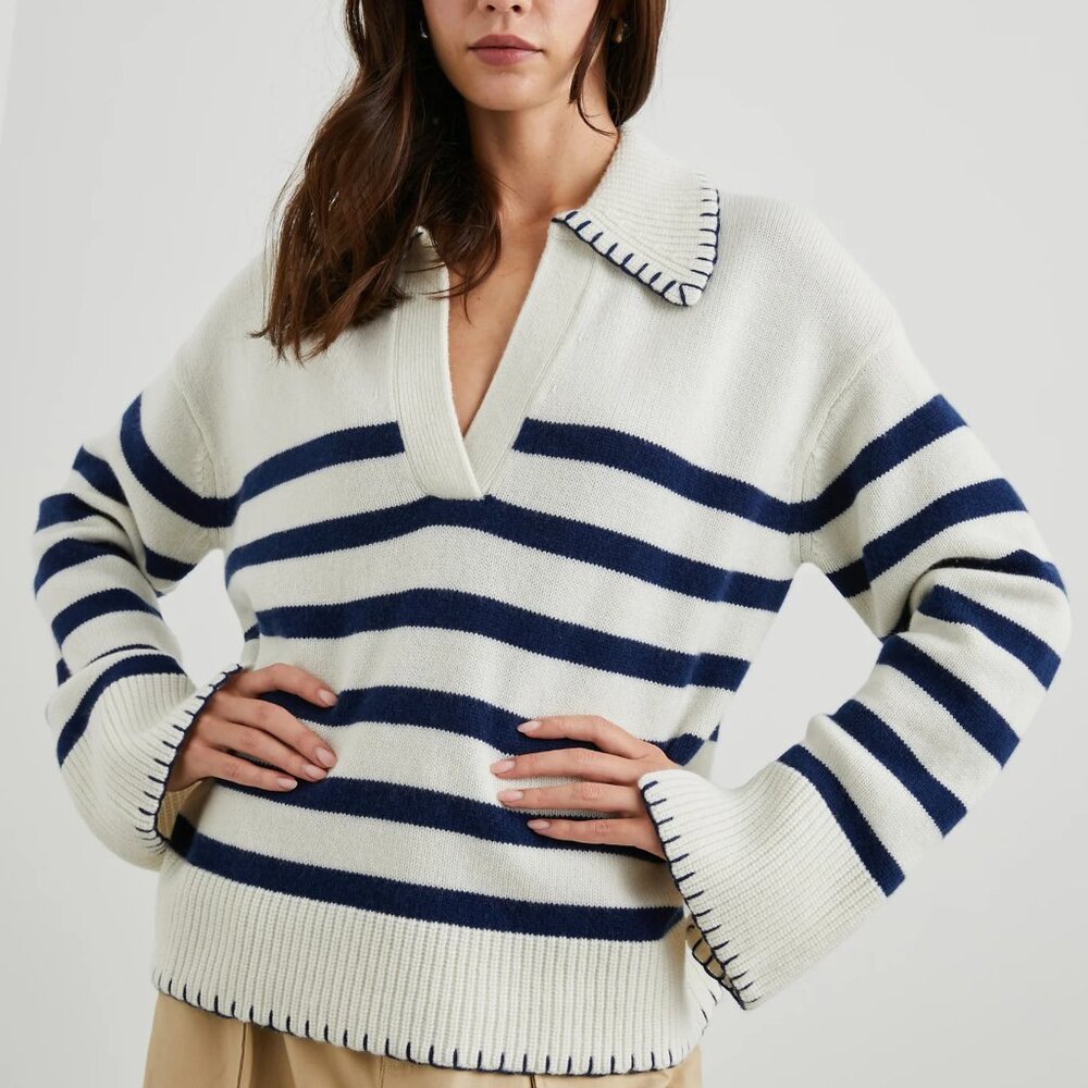 Rails Athena Ivory Navy Stripe V Neck Sweater Wool Cashmere XL